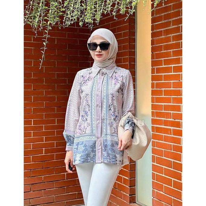 FANMU blouse satin silk premium wanita/kemeja brukat lengan panjang wanita Biru Bunga