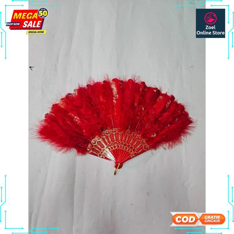 Kipas Tangan Lipat Bulu / Kipas Tari Merah Bulu / Kipas Lipat Tari Bulu Pentas - RO30-0512 2025 Bisa