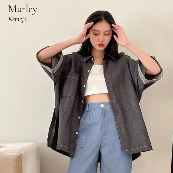 Kemeja oversize lengan pendek crepee/swiding soft jeans/ kemeja marley Outif Casual Wanita Dewasa Ke