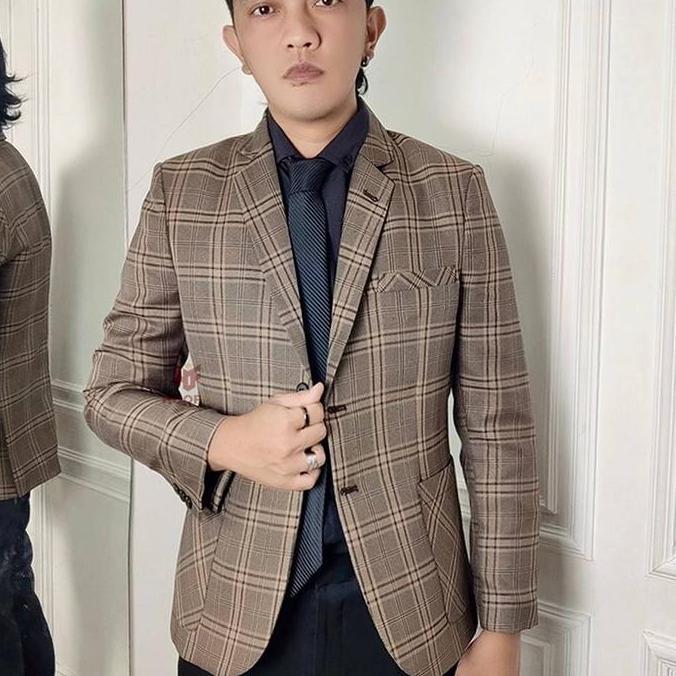 Hoof blazer casual pria preste motif tartan