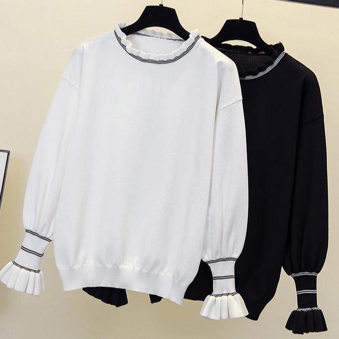 New- Atasan wanita rajut list putih lengan balon polos santai TF044