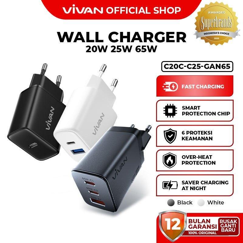 [ Free Cable ] Vivan Adaptor Kepala Charger For Iphone Samsung Huawei Xiaomi Realme Type C Usb Light