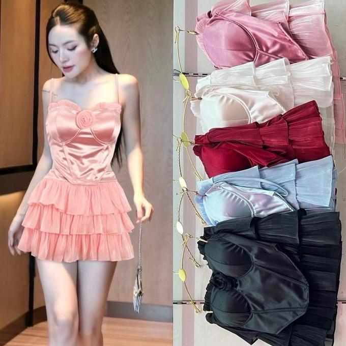 SETELAN SATIN ROK ROSE RUMBAI WANITA FASHION IMPORT BANGKOK