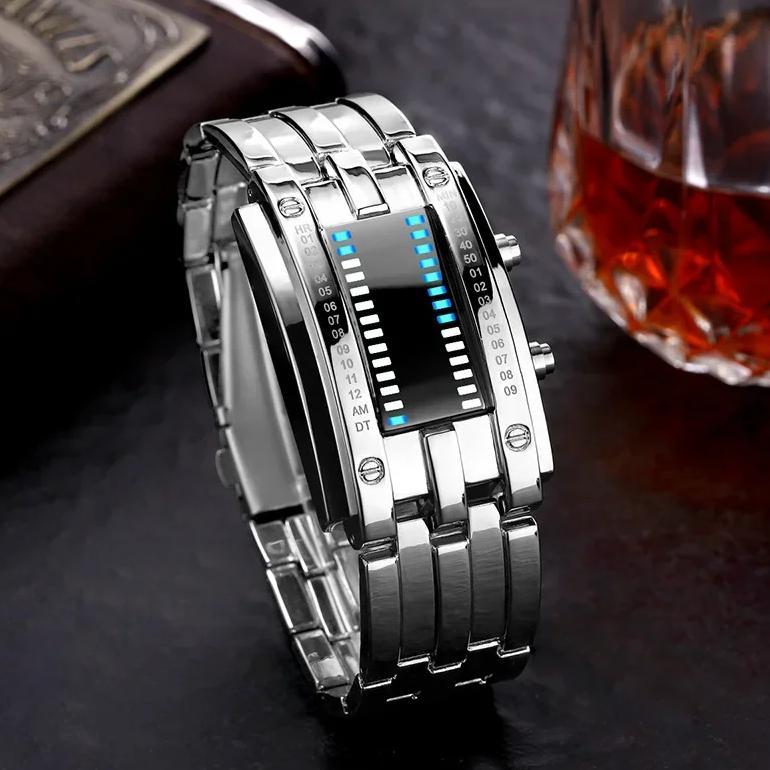 Business Men Stainless Steel Blue Binary Luminous LED Electronic Watch Displays Waterproof Fashion W