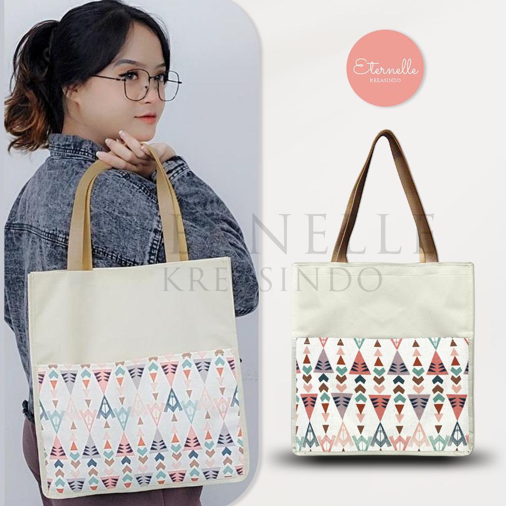 DISKON` ORIGINAL [100% FOTO ASLI] TAS KANVAS KOMBINASI KOTAK UKURAN BESAR / TAS KANVAS SIMPLE WANITA