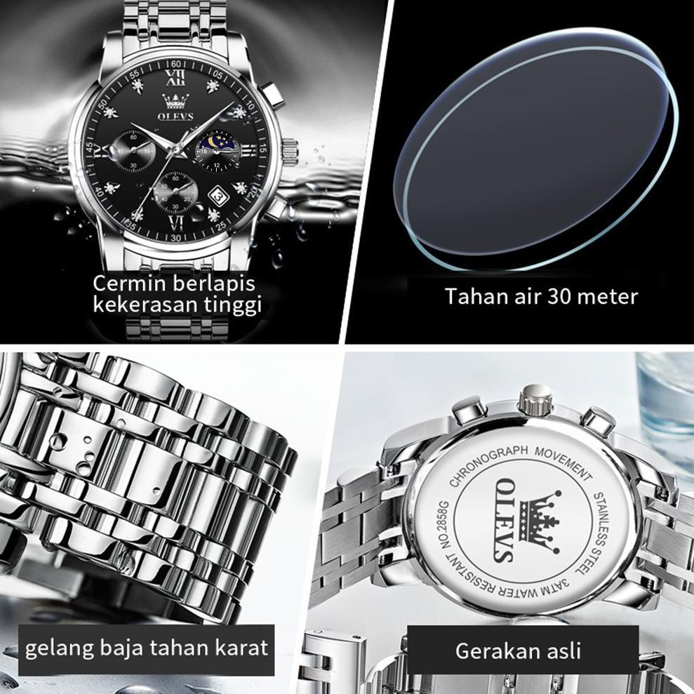 BIG SALE OLEVS JAM TANGAN PRIA ANTI AIR ORIGINAL STAINLESS STEEL CHRONO AKTIF COWOK LUMINOUS KALENDE