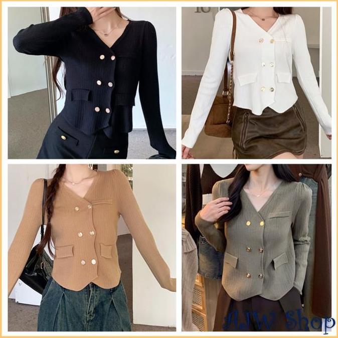 Outfitkekinian- Ajw [Rca] Atasan Rajut Wanita Tweed Blazer Button Gold Variasi Kantong Knit Premium 