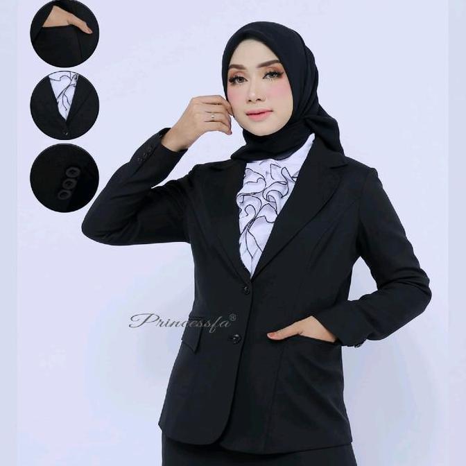 blezer hitam kancing 2 rok A/setelan baju kerja hitam rok A Blazer Wanita