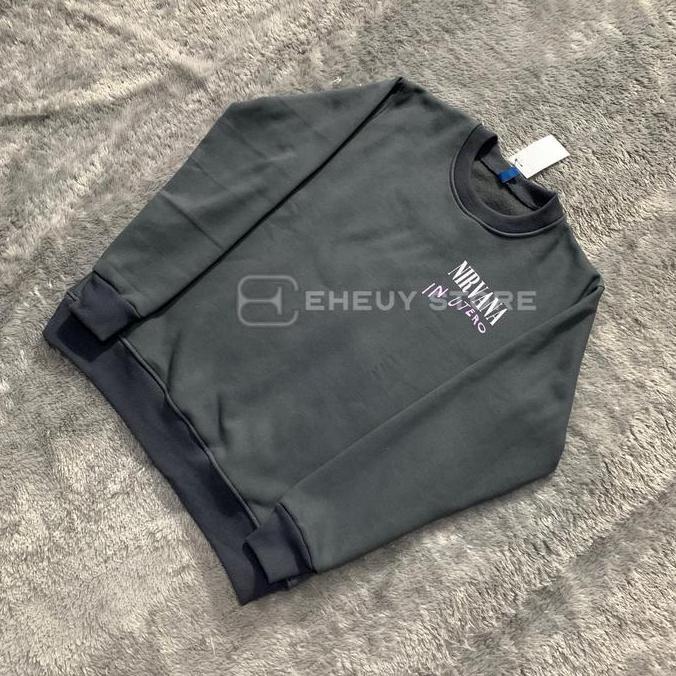 Outfitkekinian- Crewneck Nirvana In Utero Peri Dark Grey Original Black Wash Hitam Buluk Sweater Was