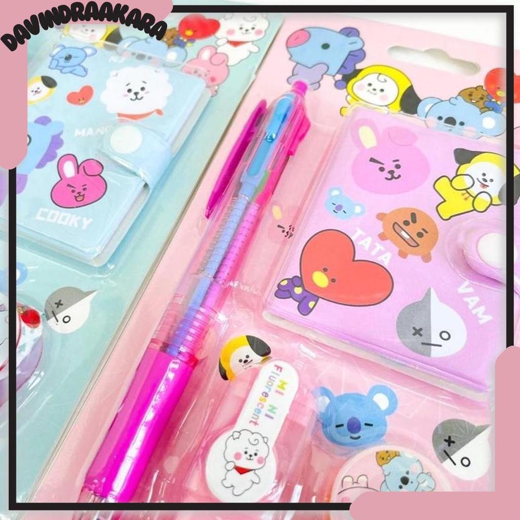 1 Set Alat Tulis 4in1 Buku Pulpen Highlighter Tape BTS Notebook BT21 Murah Viral