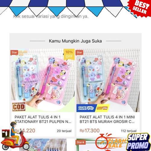 1 Set Alat Tulis 4in1 Buku Pulpen Highlighter Tape BTS Notebook BT21 Murah Bigpromo