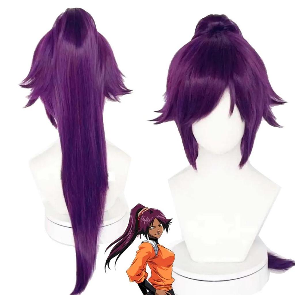 Shihouin Yoruichi Cosplay Wigs High-temperature Fiber Synthetic Hair Purple Mixed Long Chip Ponytail