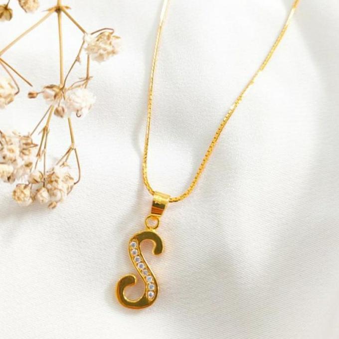 Terlaris Kalung Liontin Pendant Huruf S Batu Permata Putih Perhiasan Emas Asli