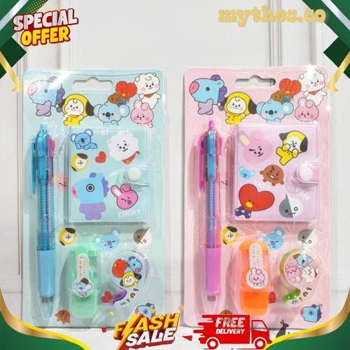 1 Set Alat Tulis 4in1 Buku Pulpen Highlighter Tape BTS Notebook BT21 Murah Baru
