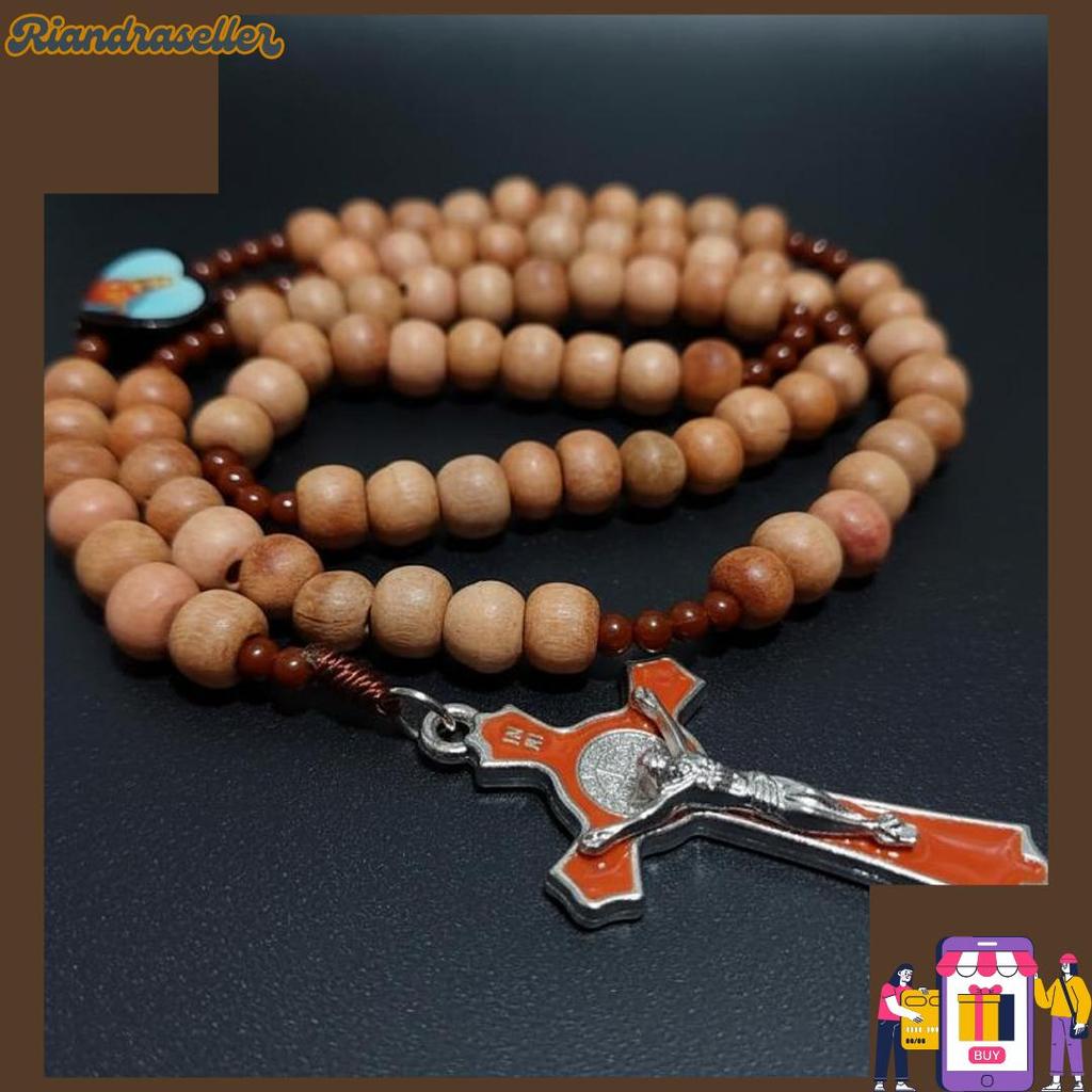 Kalung Rosario 77 Bapa Kami Kayu Cendana 8 mm Souvenir Rohani Katolik Pria Wanita Tali Lilit HIGH QU