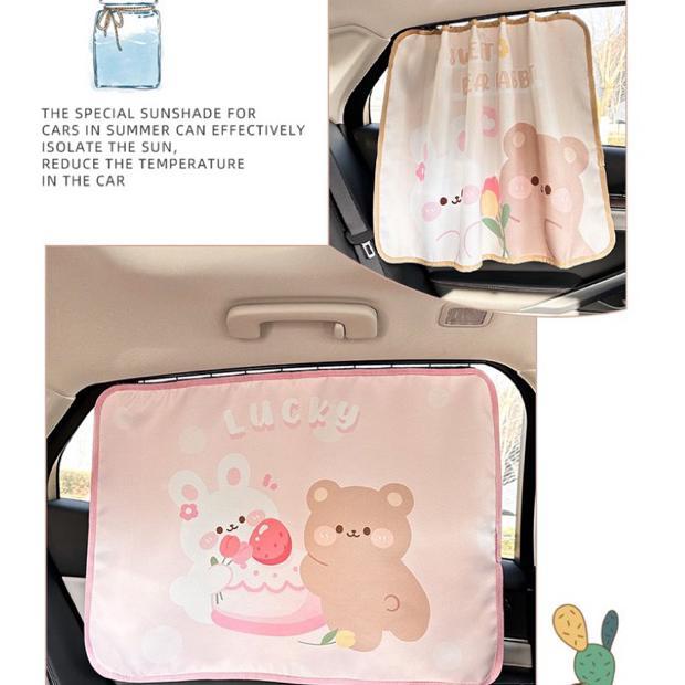 Favorile.id | Cover Tirai Jendela Mobil Dengan Rel / Tirai Mobil Lucu Motif Bear Bunny / Sunshield /
