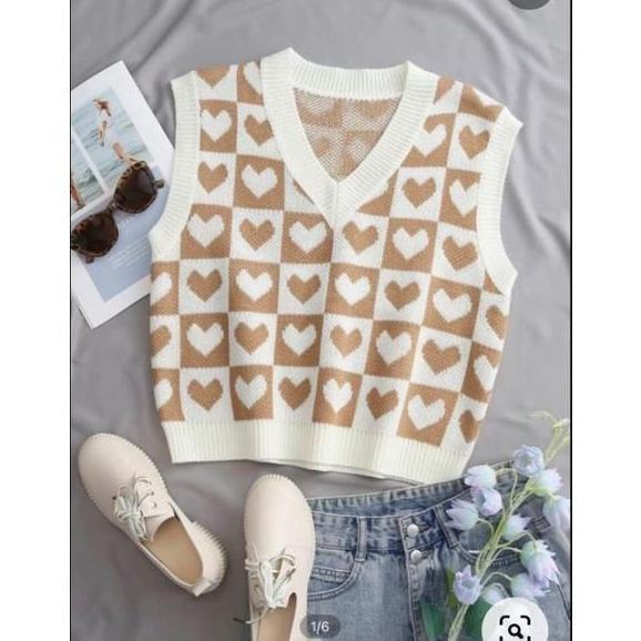 COKALISA900 - KNIT VEST WANITA KOREA MOTIF LOVE ROMPI RAJUT