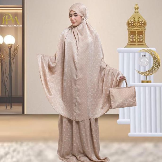 Syukron- Apm Mukena Dewasa Santorini Silk Motif 2In1 Resleting Allea Series Apm Mukena