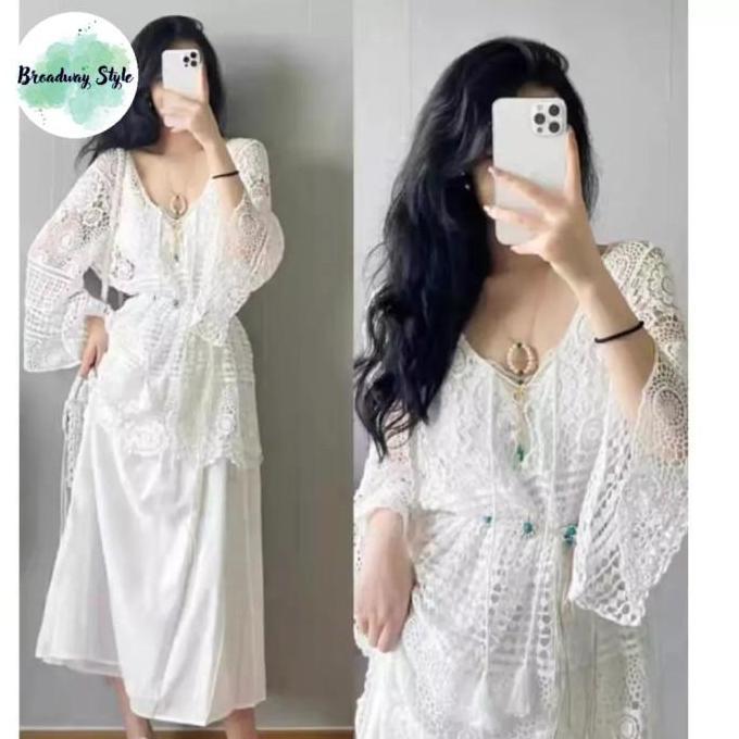 Outer Tribal Ethnic Bohemian Crochet Rajut Sulam Baju Luaran Wanita Lengan Panjang Crop Top Bali Pan