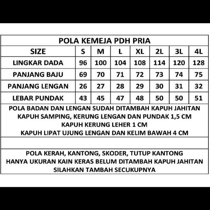 POLA KEMEJA PDH PRIA LENGAN PENDEK 5 & 2 UKURAN size S M L XL XXL DAN 3L 4L