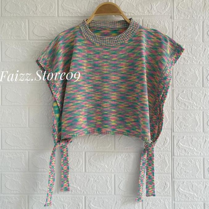 MIDA VEST CROP RAJUT TALI SAMPING WARNA ANGKASA WANITA Motif Panjang