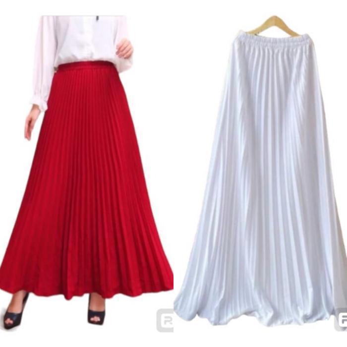 (Promo) Rok Plisket Merah Putih Premium Tebal Panjang Dewasa Wanita Bawahan Maxi Bestseller