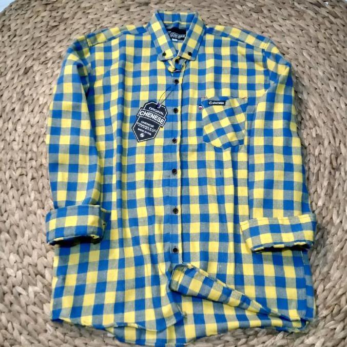 Kemeja Flanel Kotak Catur Kuning Kotak kecil Casual Kain Lembut Panjang Motif Nyaman