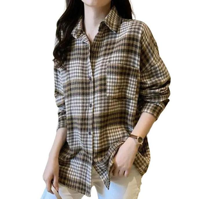 Kemeja Flanel Wanita Casual Kain Lembut Nyaman Motif Kotak Tangan Panjang