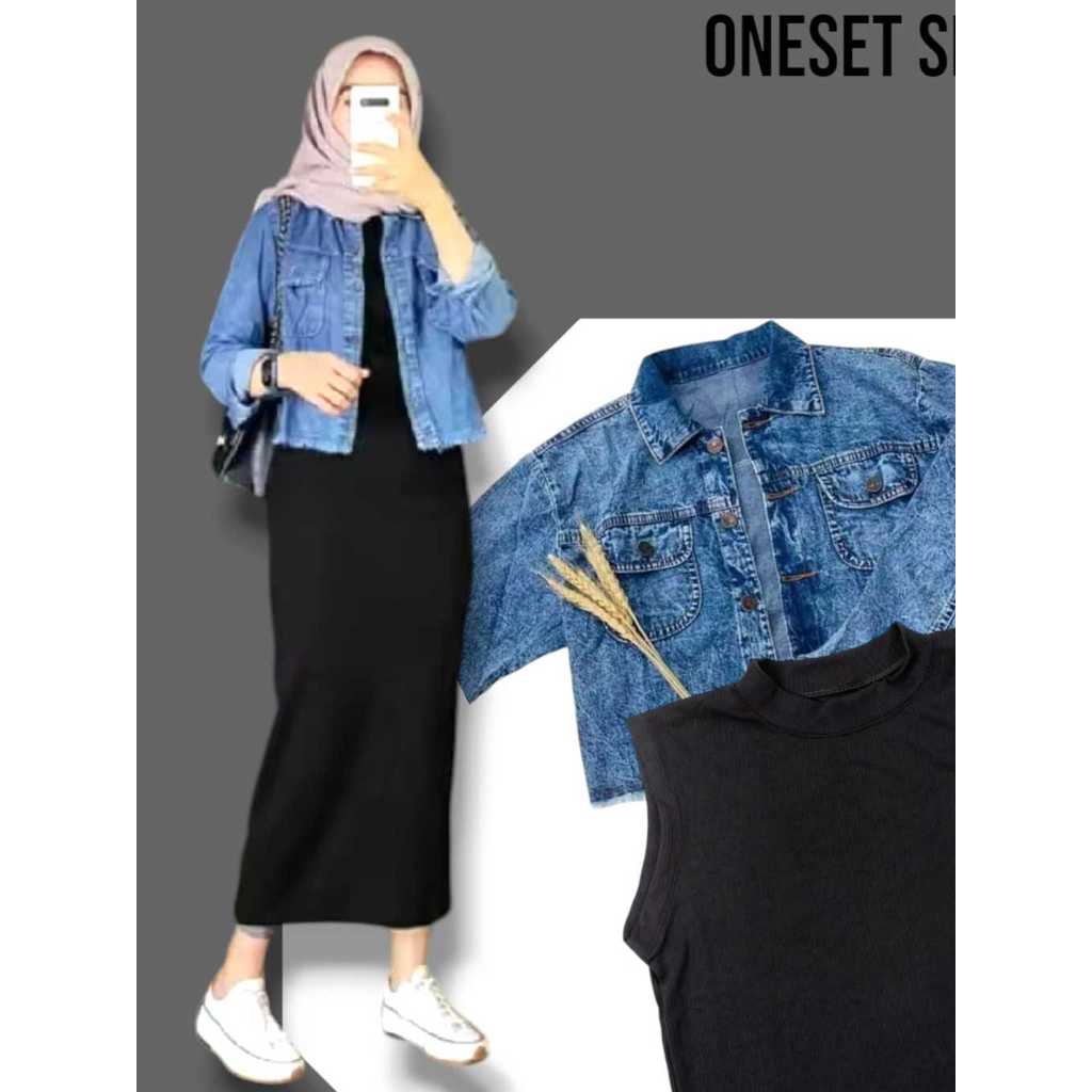 SETELAN WANITA INNER DRESS RAJUT+ JAKET JEANS oneset selia jaket dan iner satu set biru hitam ootd h