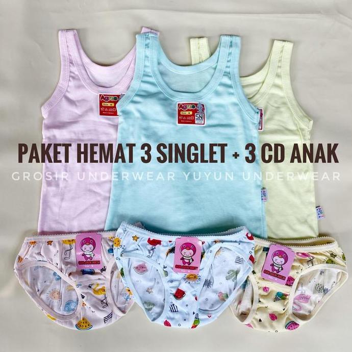 Paket Hemat 3 Singlet dan 3 CD Anak Perempuan - Kaos Dalam Agree dan Celana Dalam Anak Golden Nick W