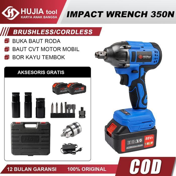 HUJIA Impact Wrench Cordless 350n.M Impact Baterai 88vf Brushless Impact Murah Promo Impek Buka Baut