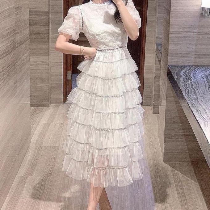 Flower Lace Tutu Midi Dress Casual Gaun Wanita Pink/Putih/Merah Bunga Floral Pesta Elegant Luxury Ko