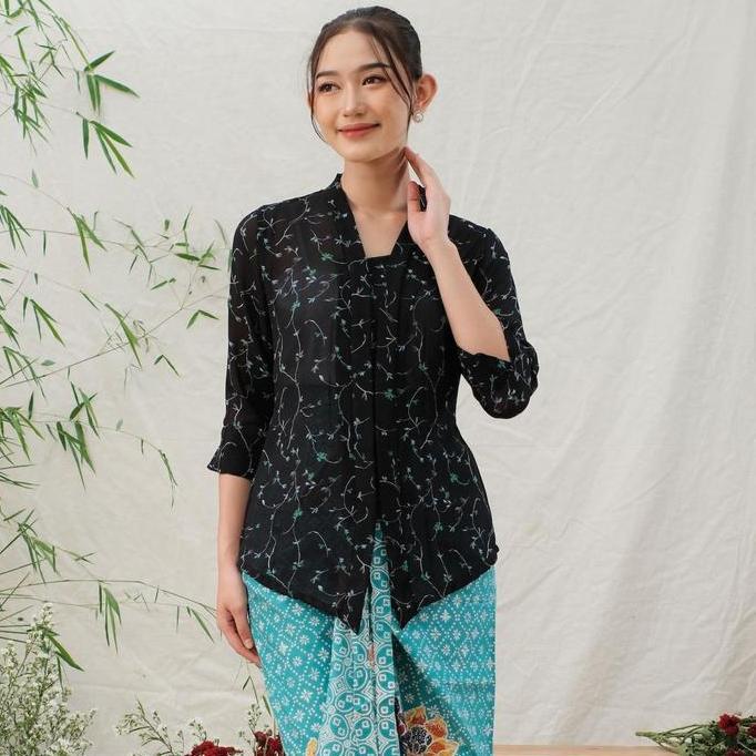 Kebaya kutubaru kartini viola Lengan 7/8 sifon hitam