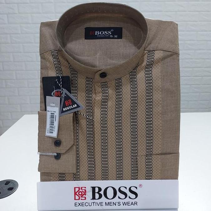 BOSS Kemeja Koko Lengan Panjang Regular Biru Salem Abu Muslim Pria Dewasa Baju Koko Elegan dengan Pi