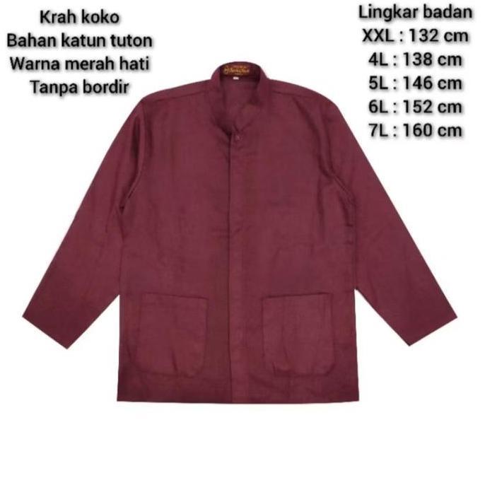 Koko pria lengan panjang jumbo big size polos tanpa bordir warna merah hati / marun bahan katun two 