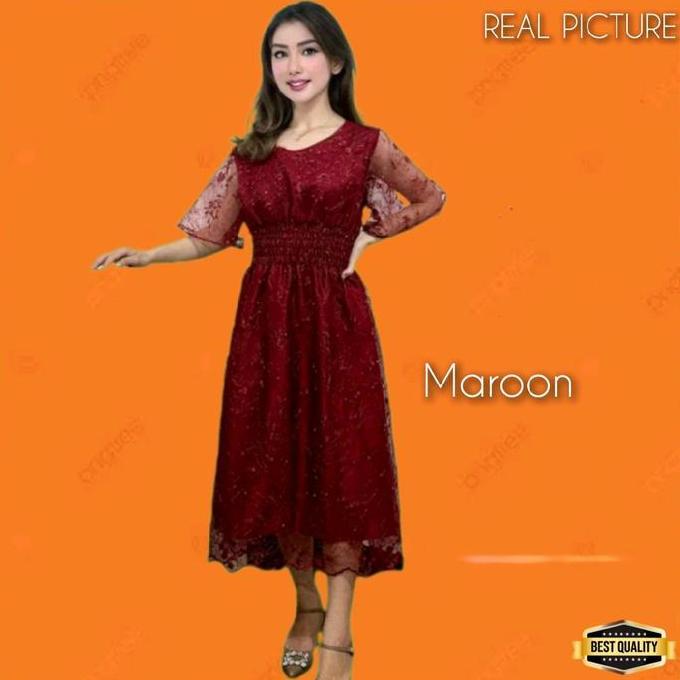 Midi Dress Pesta Wanita Cheary Gaun Jumbo LD 110 Natal Korea Hijau Mint