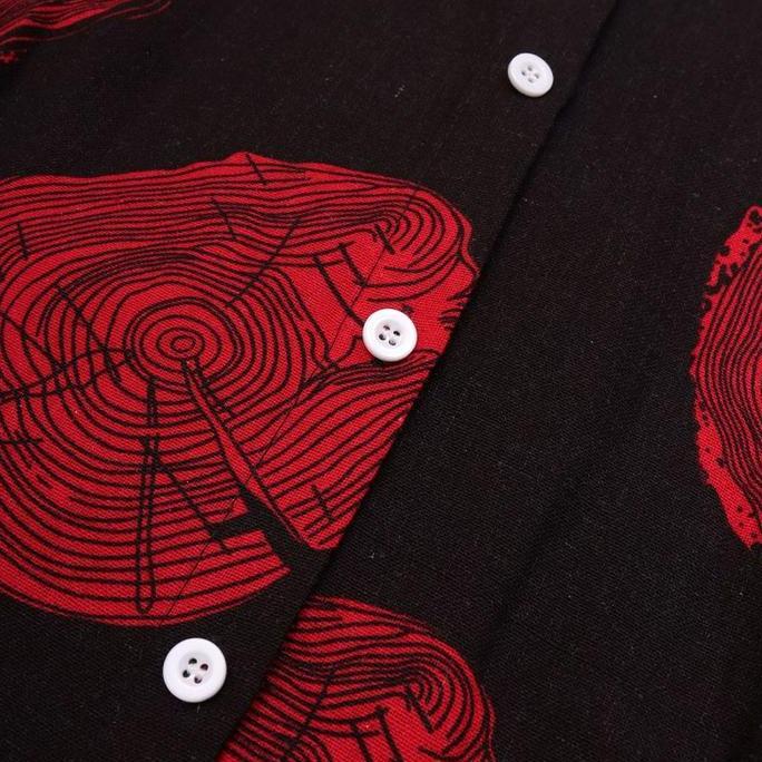 GDTima Dress Hitam Santai Motif Vintage Gamis Wanita Pendek Merah Pantai Dress Lengan Panjang Casual