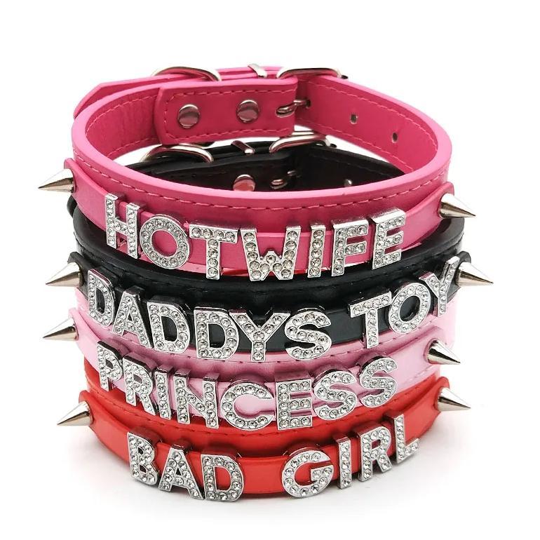 Punk Goth Rivet PU Leather Collars DIY Customized Rhinestone Letters DADDYS TOY Choker Necklace Jewe