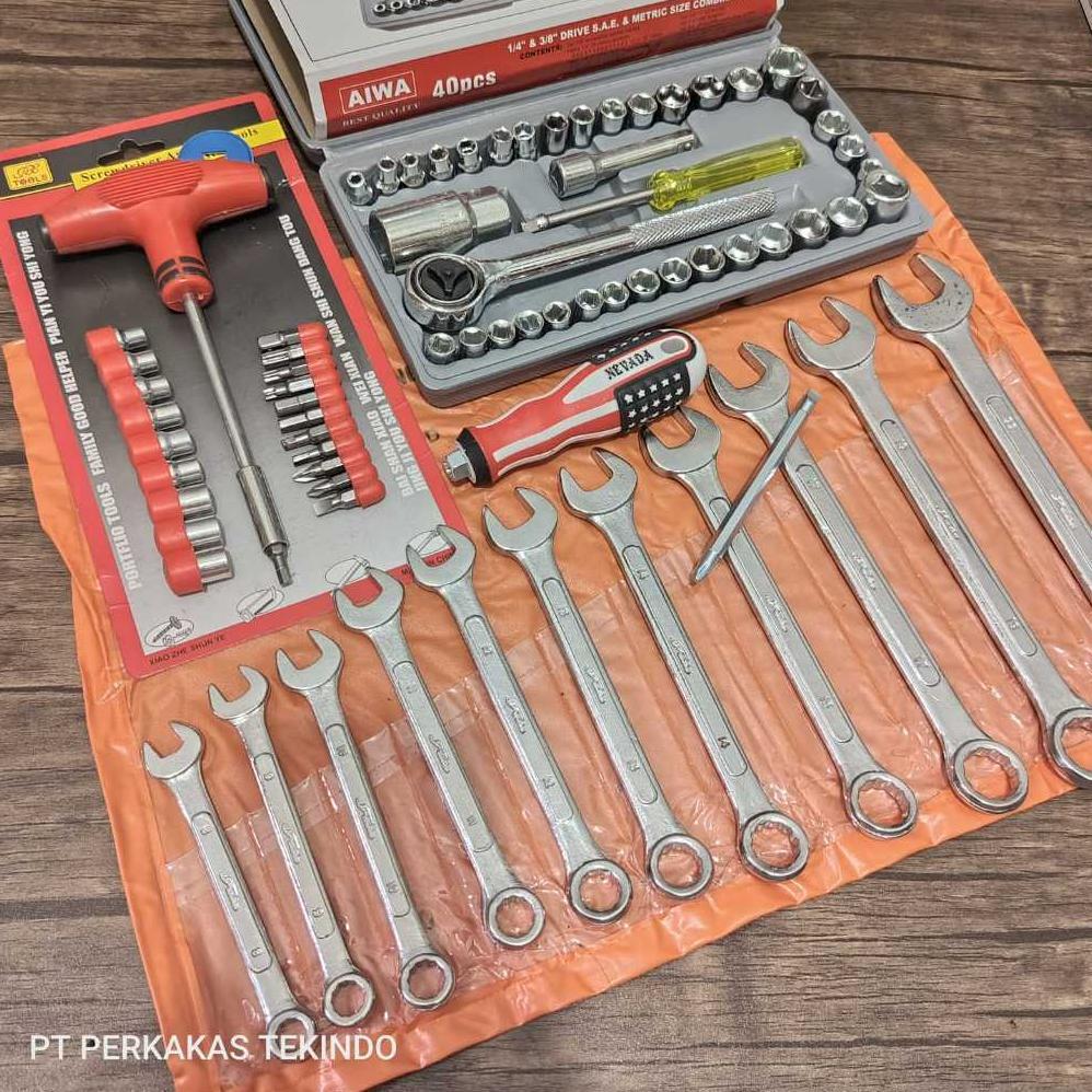 PAKET MURAH Kunci Shock Sock Set 40 Pcs+Ring Pas Set 8-22Mm+Obeng T Palu+Obeng Plus Minus / Alat Per