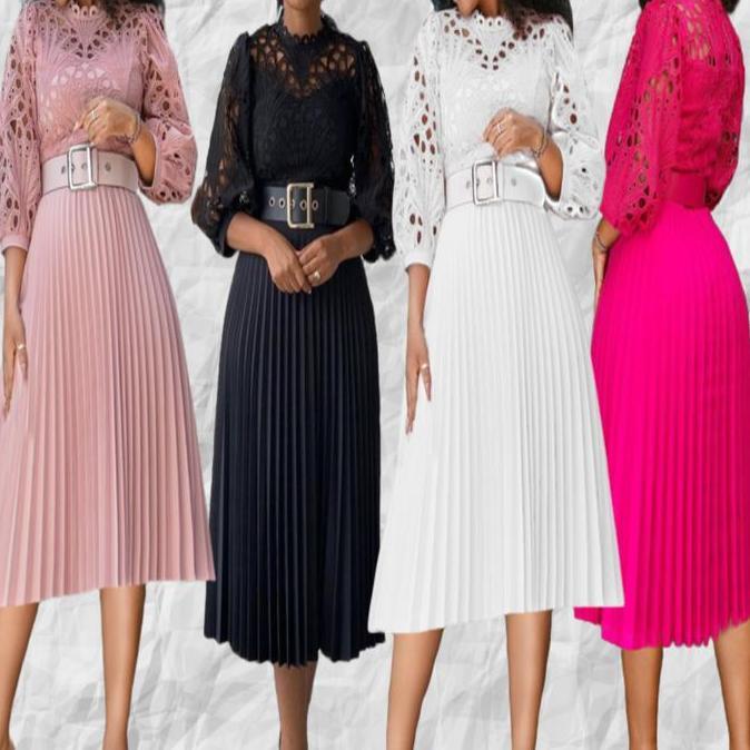 Dress pesta wanita plisket motif brokat/Gaun Formal Cantik Kondangan Mewah Panjang Hitam Pink Pendek