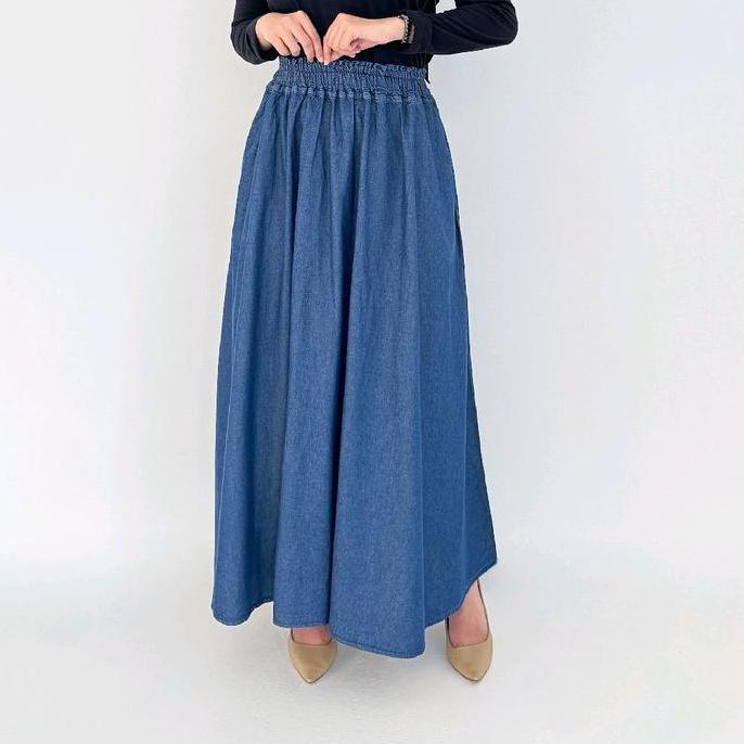 Rok Jeans Wanita Maxi Long Skirt Denim Claudia A-Payung Soft Hitam LEZAHRASNATURE Jin Non Stretch Pa