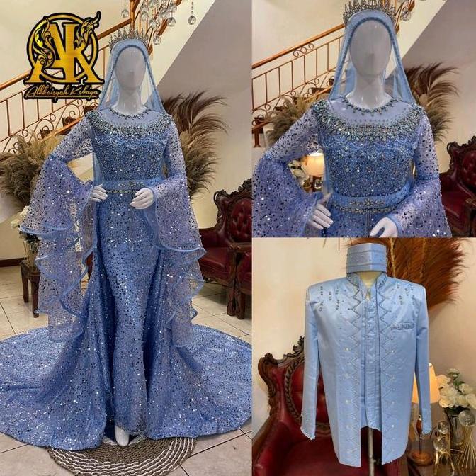 Couple gaun pengantin slim premium ekor lepas pasang wedding Dress Mewah Pernikahan