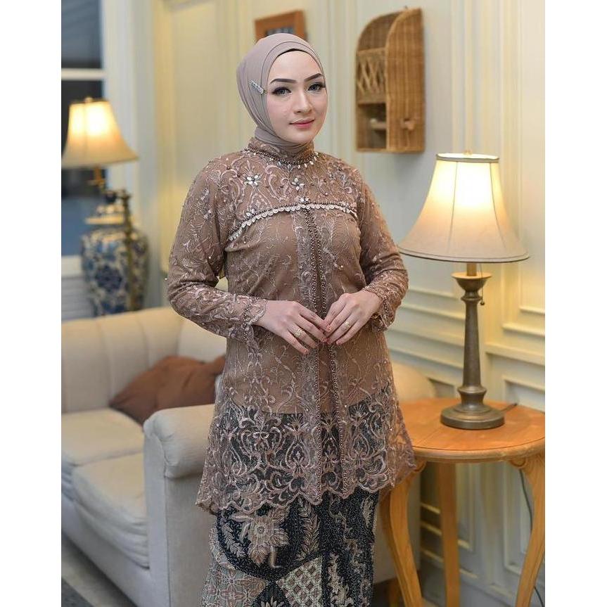 Kebaya Modern Tunik Brokat Full Tillle Bordir Kerah Shanghai Seragaman Rok Plisket Batik /Setelan Br