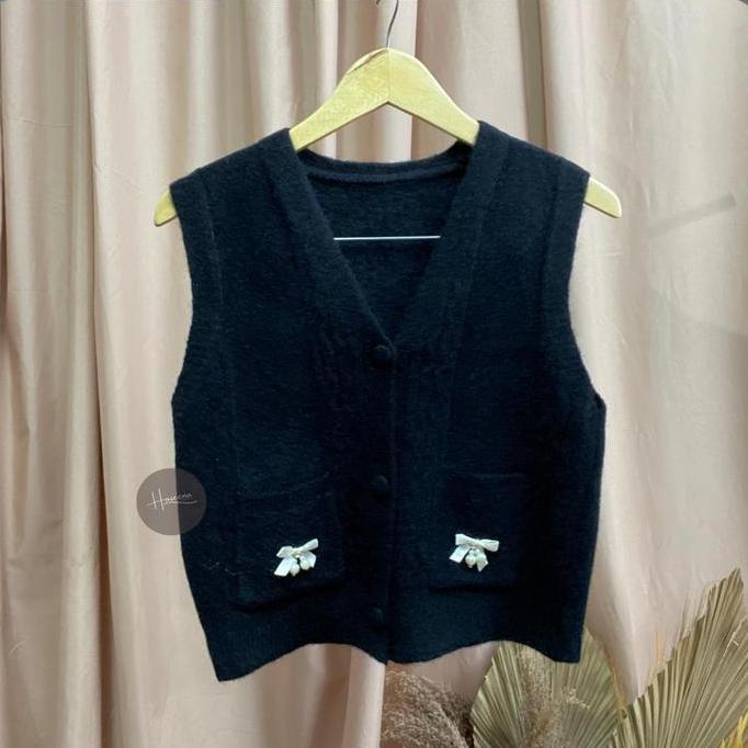 Haseena Vest Knit Shania Rompi Saku Pita Outer V Neck RajutHalusWanita