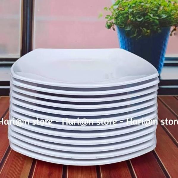 Berkualitas Best Seller-1 Lusin ( 12 Pcs ) Piring Makan Kotak Melamin Putih Singasingi 23Cm Food Gar