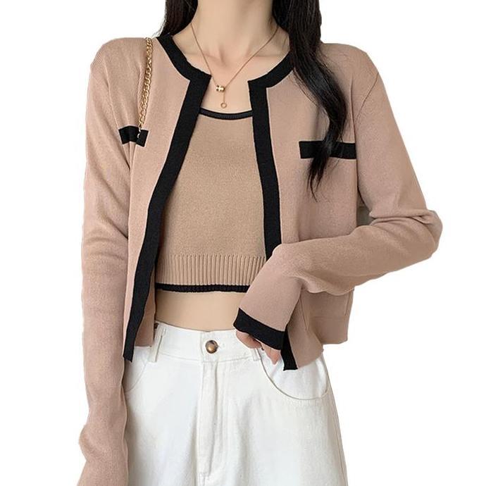 Girlfun- Cardigan Tank Top Set 2 Pcs Knit Wanita Baju Hitam Putih Kombinasi Atasan Basic Setelan Out