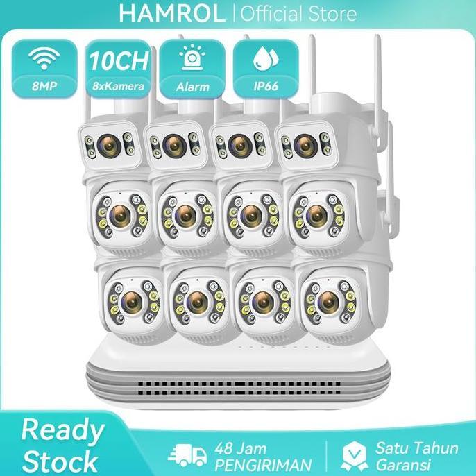 Hamrol Paket CCTV 10 Channel 8 Kamera 8MP PTZ Tahan Air+NVR Nirkabel Wifi Camera cctv  outdoor Wirel