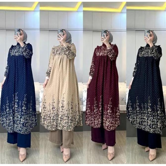 Newrelig- Setelan Tunik Wanita Terbaru Kekinian // Ameena Set Tunik Baju Muslim Celana Crinkle Remaj