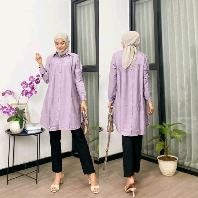 Newrelig- Azira Tunik Polo Linen Polos Kancing Depan Belakang Tunik Wanita Polos Kekinian Muslim Ata