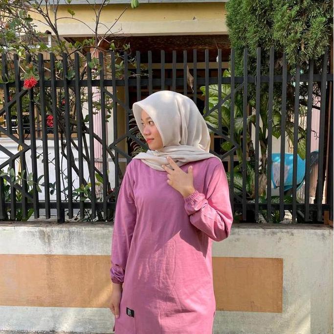 Ready Atasan tunik kaos muslim wanita warna dusty pink lengan panjang ujung tangan karet kurut bagia